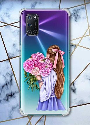 Прозрачный чехол с рисунком для oppo a52/ a72/ a92 девушка с пионами (принт 11)