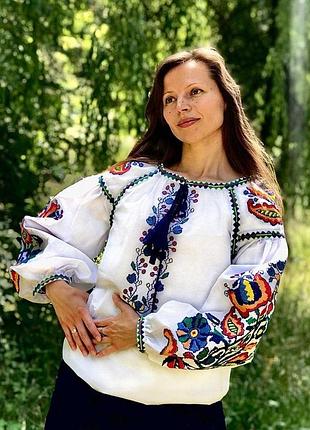 Вишиванка українська жіноча хрестиком — казацький божник, рукав — бохо blue, якісний бавовна 100% 46