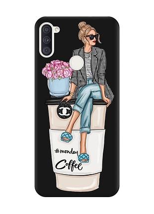 Матовий чохол з чорними боками на samsung galaxy a11 дівчина на каві (принт 228)