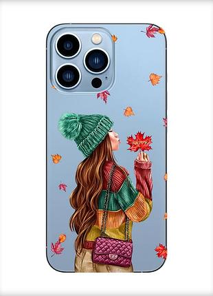 Прозорий чохол на apple iphone 13 pro max :: дівчина з листям (принт 221)