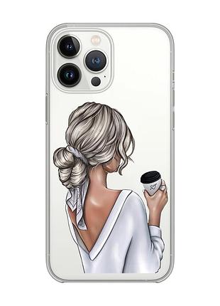 Прозрачный чехол с защитой камеры на iphone 14 pro девушка с латте (принт 227)