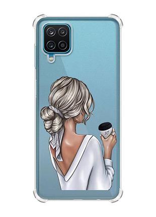 Чохол з потовщеними кутами на samsung a12 4g дівчина з латте (принт 227)