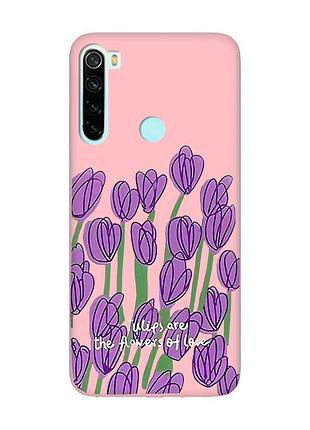 Матовый чехол с розовыми боками на xiaomi redmi note 8 тюльпаны (принт 265)