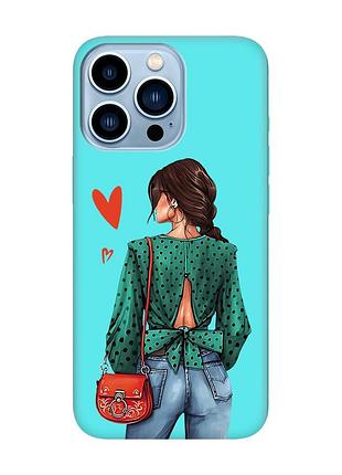 Матовий чохол з бірюзовими боками на apple iphone 13 pro max :: дівчина в зеленому (принт 224)