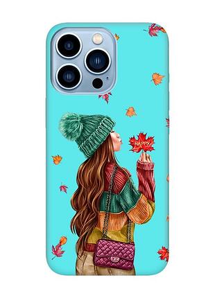Матовий чохол з бірюзовими боками на apple iphone 13 pro max :: дівчина з листям (принт 221)