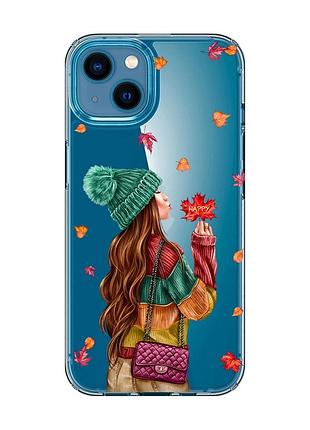 Прозрачный чехол для iphone 13 mini :: девушка с листьями (принт 221)