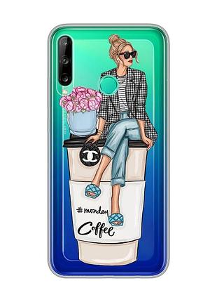 Прозрачный чехол для huawei р40 lite e / y7p :: девушка на кофе (принт 228)