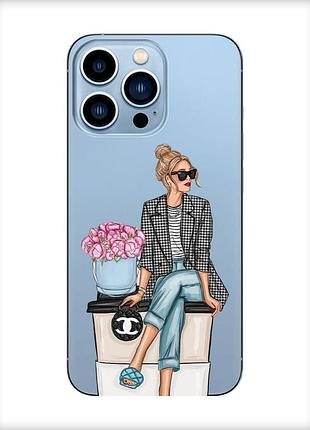 Прозрачный чехол на apple iphone 13 pro max :: девушка на кофе (принт 228)