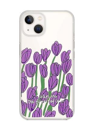 Прозрачный чехол с защитой камеры на iphone 14 plus тюльпаны (принт 265)