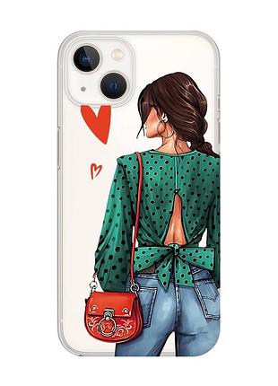 Прозрачный чехол с защитой камеры на iphone 14 plus девушка в зеленом (принт 224)