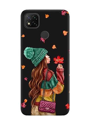 Матовый чехол с черными боками на xiaomi redmi 9c/10a :: девушка с листьями (принт 221)
