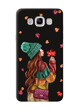Матовый чехол с черными боками на samsung galaxy j7(2016) j710 :: девушка с листьями (принт 221)