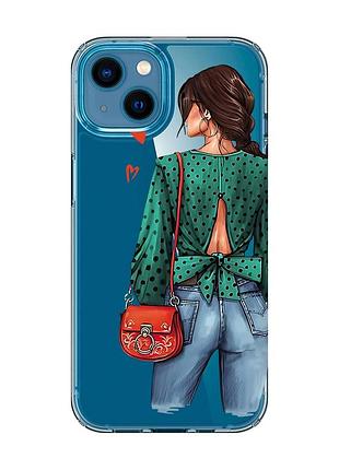 Прозрачный чехол для iphone 13 mini девушка в зеленом (принт 224)