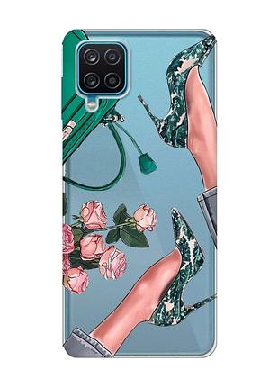 Прозрачный чехол на samsung a12 4g туфельки и цветы (принт 225)