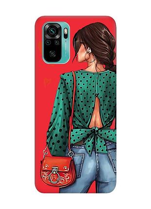 Матовий чохол з червоними боками на xiaomi redmi note 10/note 10s дівчина в зеленому (принт 224)