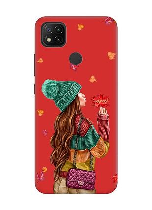 Матовый чехол с красными боками на xiaomi redmi 9c/10a :: девушка с листьями (принт 221)