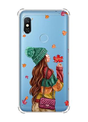 Чехол с утолщёнными углами для xiaomi redmi note 6 pro :: девушка с листьями (принт 221)