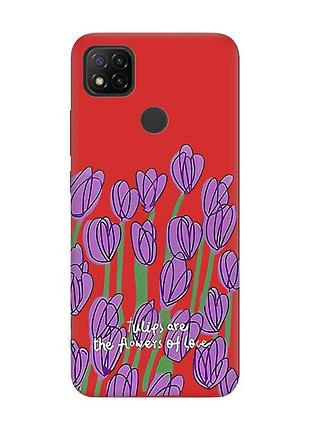 Матовый чехол с красными боками на xiaomi redmi 9c/10a тюльпаны (принт 265)