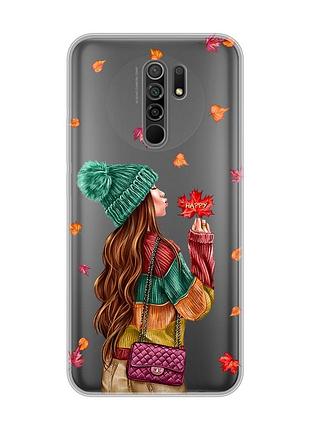 Прозорий чохол на xiaomi redmi 9 :: дівчина з листям (принт 221)