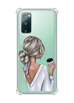 Прозорий чохол з потовщеними кутками на galaxy s20 fe дівчина з латте (принт 227)