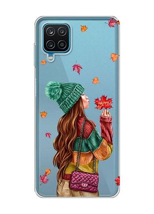 Прозорий чохол на samsung a12 4g :: дівчина з листям (принт 221)