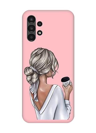 Матовый чехол с розовыми боками на samsung a13 4g девушка с латте (принт 227)