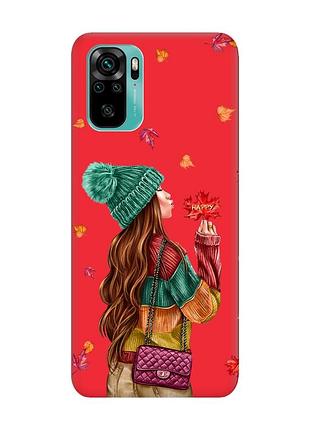 Матовий чохол з червоними боками на xiaomi redmi note 10/note 10s :: дівчина з листям (принт 221)
