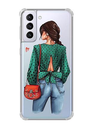 Чехол с утолщёнными углами на samsung galaxy s21 plus девушка в зеленом (принт 224)