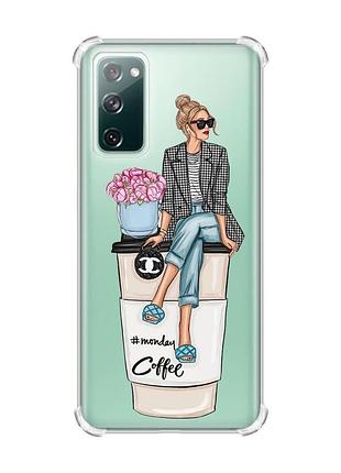 Прозрачный чехол с утолщенными углами на samsung galaxy s20 fe :: девушка на кофе (принт 228)