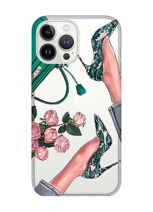 Прозрачный чехол с защитой камеры на iphone 14 pro max туфельки и цветы (принт 225)