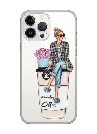 Прозрачный чехол с защитой камеры на iphone 14 pro :: девушка на кофе (принт 228)