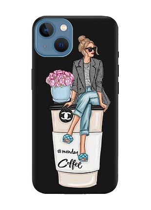 Матовый чехол с черными боками на apple iphone 13 девушка на кофе (принт 228)