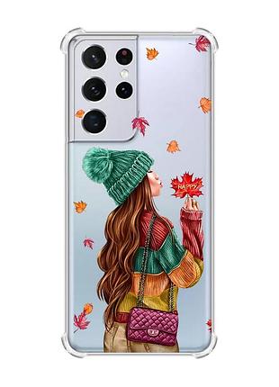 Чохол з потовщеними кутами на samsung galaxy s21 ultra :: дівчина з листям (принт 221)
