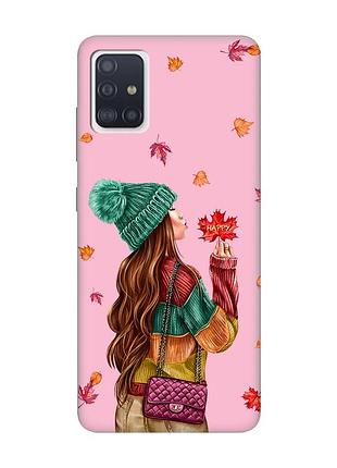 Матовий чохол з рожевими боками на samsung galaxy a71/a715 :: дівчина з листям (принт 221)