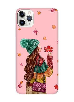 Матовый чехол с розовыми боками на iphone 11 pro max (6.5) :: девушка с листьями (принт 221)