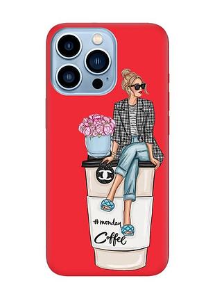 Матовый чехол с красными боками на apple iphone 13 pro max девушка на кофе (принт 228)