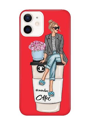 Матовый чехол с красными боками на apple iphone 12/12 pro (6.1) :: девушка на кофе (принт 228)