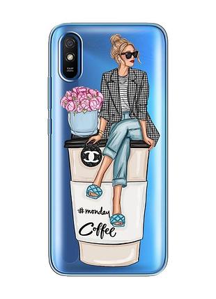 Прозорий чохол на xiaomi redmi 9a :: дівчина на каві (принт 228)