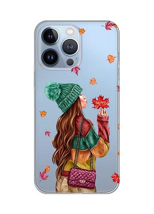 Прозрачный чехол на apple iphone 13 pro :: девушка с листьями (принт 221)