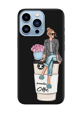 Матовый чехол с черными боками на apple iphone 13 pro max девушка на кофе (принт 228)