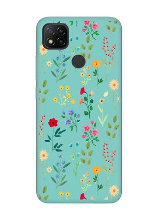 Матовый чехол с бирюзовыми боками на xiaomi redmi 9c/10a :: цветочный фон (принт 269)