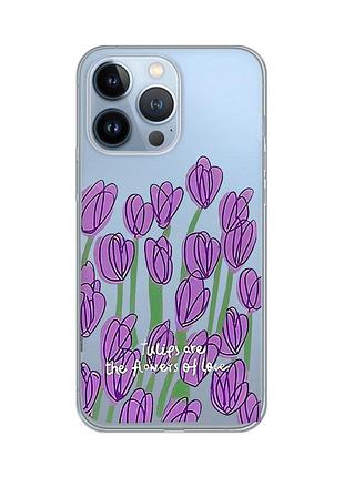 Прозрачный чехол на apple iphone 13 pro тюльпаны (принт 265)