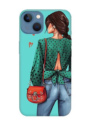 Матовый чехол с бирюзовыми боками на apple iphone 13 :: девушка в зеленом (принт 224)