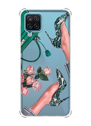 Чехол с утолщенными углами на samsung a12 4g туфельки и цветы (принт 225)