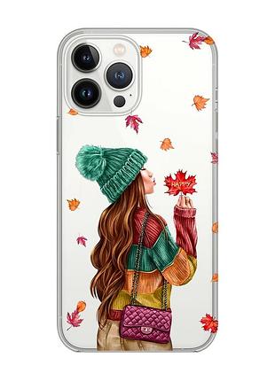 Прозрачный чехол с защитой камеры на iphone 14 pro max :: девушка с листьями (принт 221)