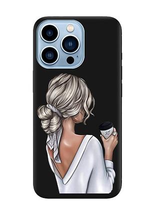 Матовый чехол с черными боками на apple iphone 13 pro max девушка с латте (принт 227)