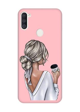 Матовий чохол з рожевими боками на samsung galaxy a11 дівчина з латте (принт 227)