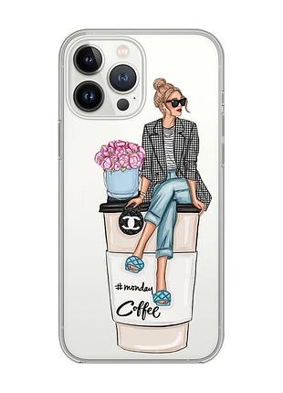 Прозрачный чехол с защитой камеры на iphone 14 pro max :: девушка на кофе (принт 228)