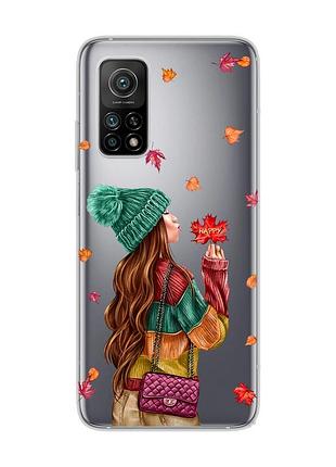 Прозрачный чехол на xiaomi mi 10t/mi 10t pro :: девушка с листьями (принт 221)