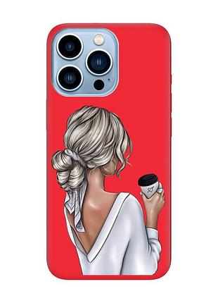Матовый чехол с красными боками на apple iphone 13 pro max девушка с латте (принт 227)